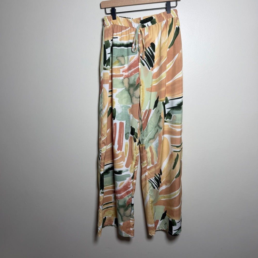 SHEIN Women Pants L Multicolor Abstract Print Wide Leg Elastic Waist Palazzo